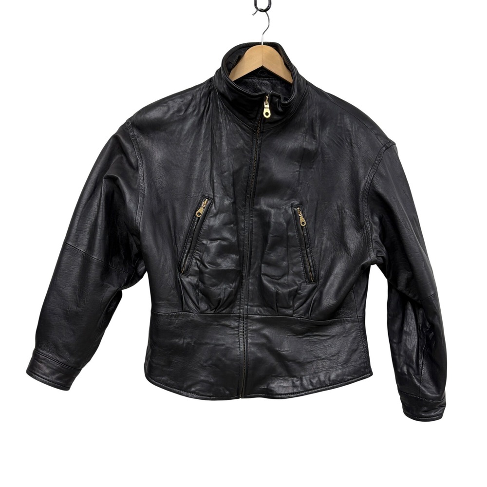 Tannery West Women Black Leather corset Bomber Jacket Gold accents Large vintage